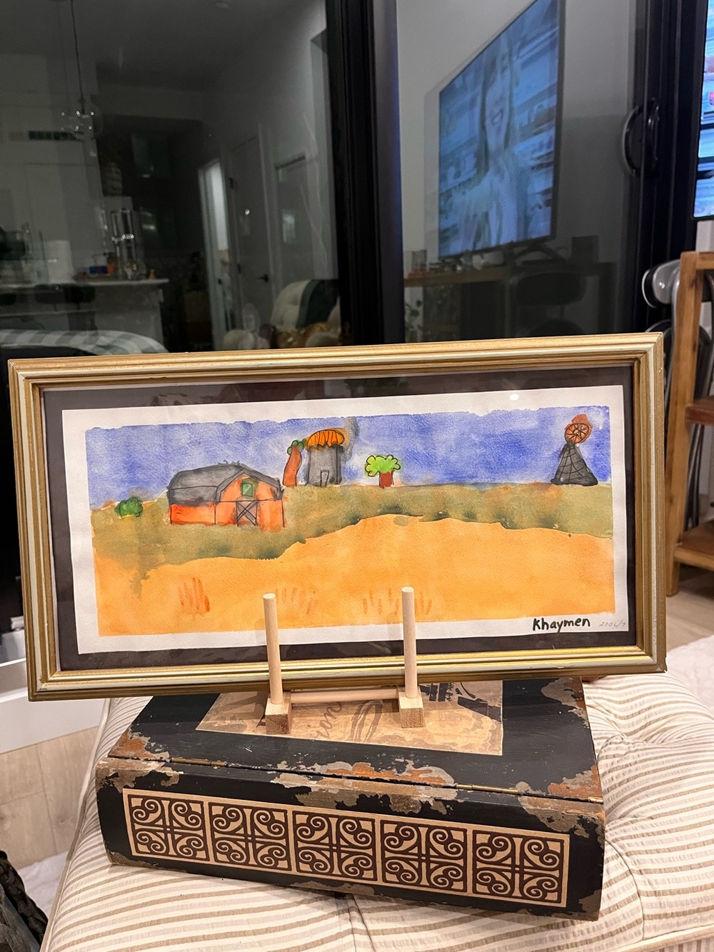 Original Art Framed Farm Landscape Watercolor - Orange, Green, Blue